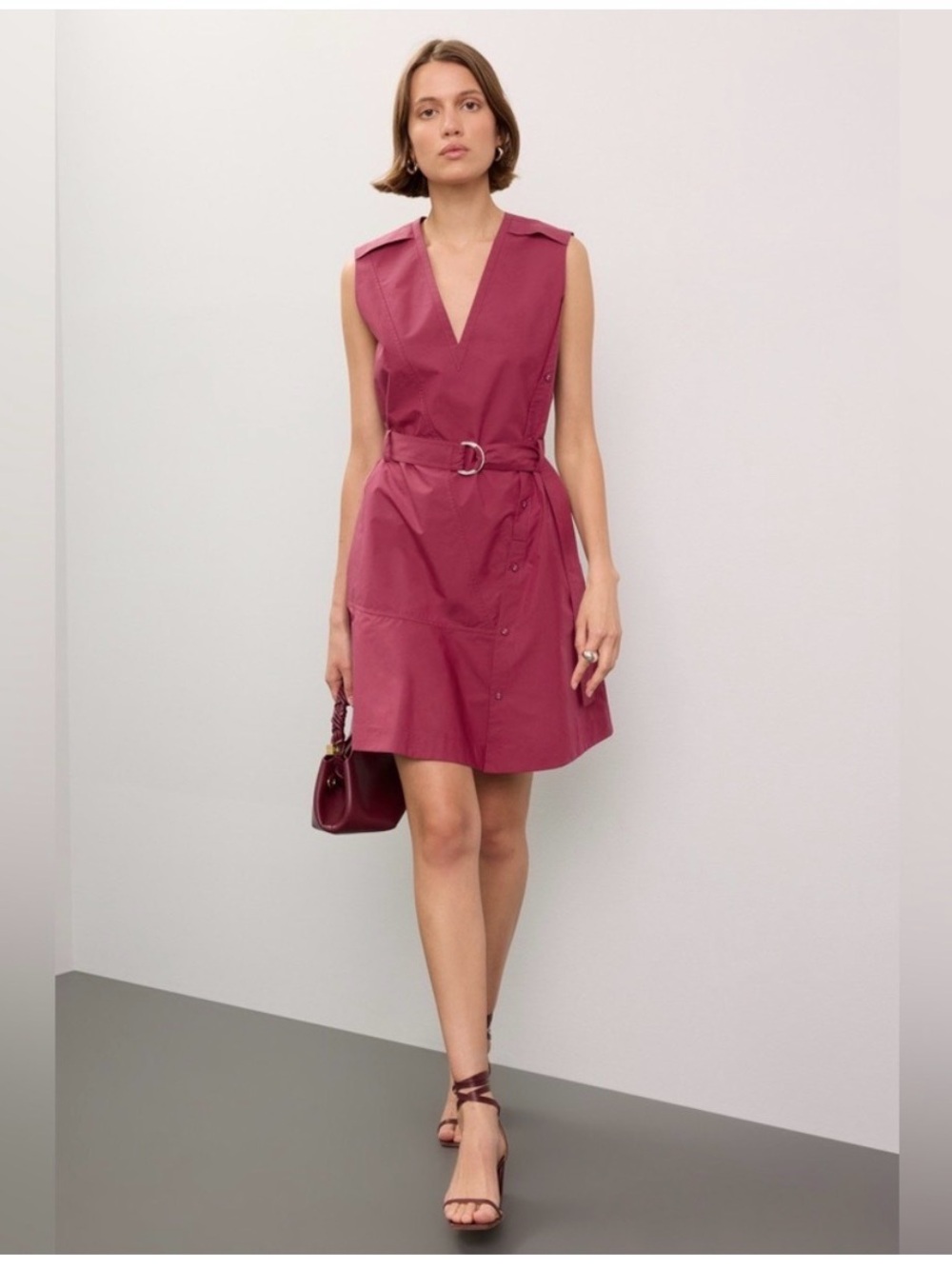 3.1 Phillip Lim V-Neck Belted cotton blend poplin mini Dress in Berry